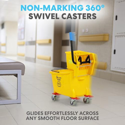 Simpli-Magic Side Press Wringer Combo Commercial Mop Bucket on Wheels, 35 Quart,Yellow, Including Wet Floor Caution Sign and Set, Polyethylene - color: Yellow - Set