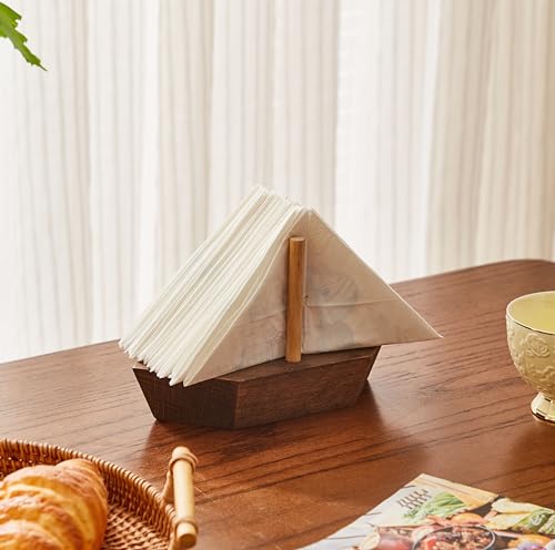 HMC Wooden Sailboat Napkin Holder – The Smooth Sailor Nautical Tabletop Dispenser for Coastal Home & Kitchen Décor, Durable Wooden Construction