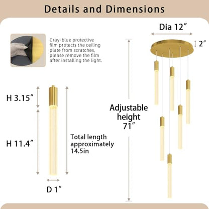 Luxury 6 Light Modern Crystal Pendant Light - 71" High Ceiling Gold LED Dimmable Pendant Light for Bedside Island Kitchen Living Room - color: Gold, size: 6-Light
