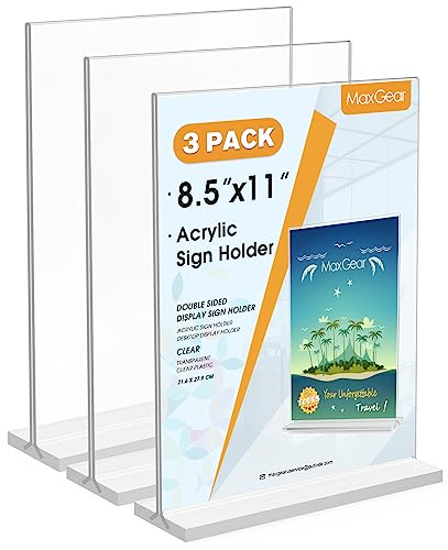 MaxGear Acrylic Sign Holder 8.5" x 11" Double Sided Acrylic Stand, 3 Pack - size: 3 Pack 8.5X11