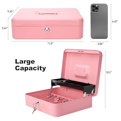 Cash Box with Key Lock & Foam Auto-Pop Coin Tray – Secure Steel Money Box with 4 Upgraded Finger-Safe Bill Clips, Premium Smooth Scratch-Resistant Coating, 11.8"L x 9.5"W x 3.5"H, KL Pink - color: KL Pink