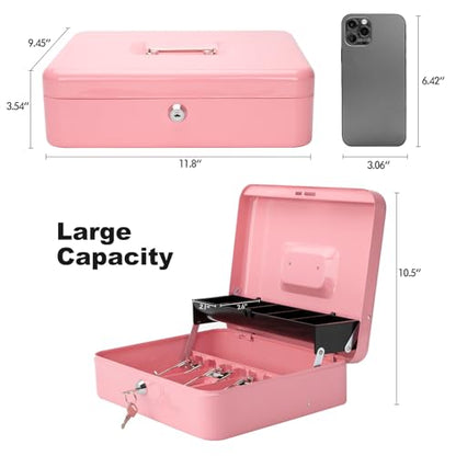 Cash Box with Key Lock & Foam Auto-Pop Coin Tray – Secure Steel Money Box with 4 Upgraded Finger-Safe Bill Clips, Premium Smooth Scratch-Resistant Coating, 11.8"L x 9.5"W x 3.5"H, KL Pink - color: KL Pink