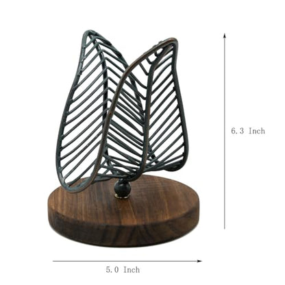 OwlGift Freestanding Modern Napkin Holder w/Golden Turquoise Wrought Iron Leaf & Brown Wooden Base Design, Tabletop Tissue Dispenser, Napkin Storage Organizer - color: Wire / Golden Turquoise