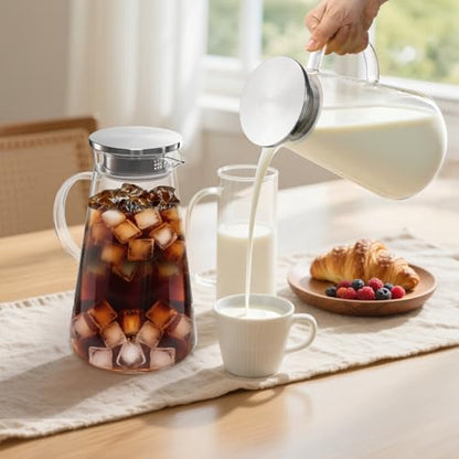 Nicunom 2 Pack 68 oz Glass Pitcher with Lid, BPA-Free Glass Water Jug Carafe Heat Resistant Ice Tea Pitcher for Juice, Sangria, Lemonade, Milk, Coffee, Cold and Hot Beverages, 2 Pcs Brush Included