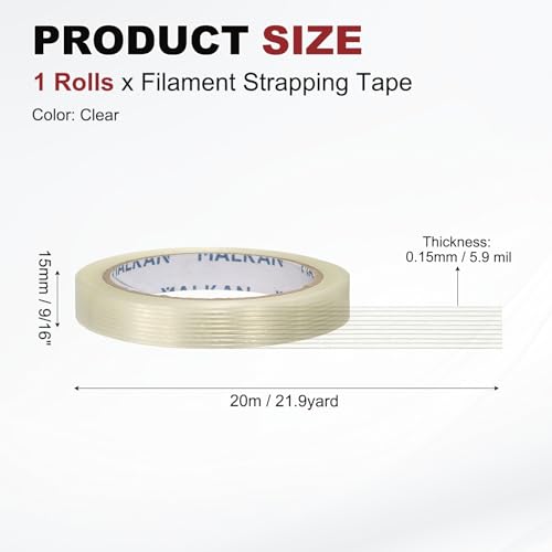 uxcell Filament Strapping Tape 9/16" x 21.9 Yards 5.9 Mil Heavy Duty Clear - size: 9/16 Inch x 21.9 Yards 5.9 Mil