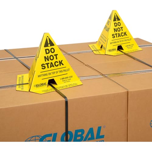 Global Industrial Trilingual "Do Not Stack" Printed Pallet Cones, 8"W x 8"L x 10"H, Corrugated Cardboard Construction, Yellow, 50/Pk, Prevents Double Stacking, Ships Flat