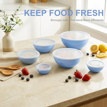 BoxedHome BPA Free Plastic Round Mixing Bowl with Lids, 12 Pack Nesting Bowls with Lids Set, Microwave and Dishwasher Safe Prep & Serving Bowls Great for Mixing, Baking, Serving (Pale Blue, 12pcs) - color: Pale Blue