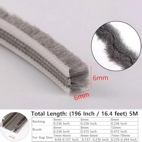 5m (16feet) Brush Weather Striping Card-Slot Seal Strip Pile Weatherstrip Door Sweep Brush for Door Window (6mm x 6mm (1/4" 1/4"), Gray) - size: 6mm x 6mm