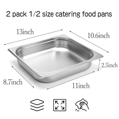 2 Pack Half Size Hotel Pans, 2.5 Inch Deep Stainless Steel Steam Table Serving Pans, Anti-Jam Design for Home, Parties, Restaurants, Hotels, Buffets
