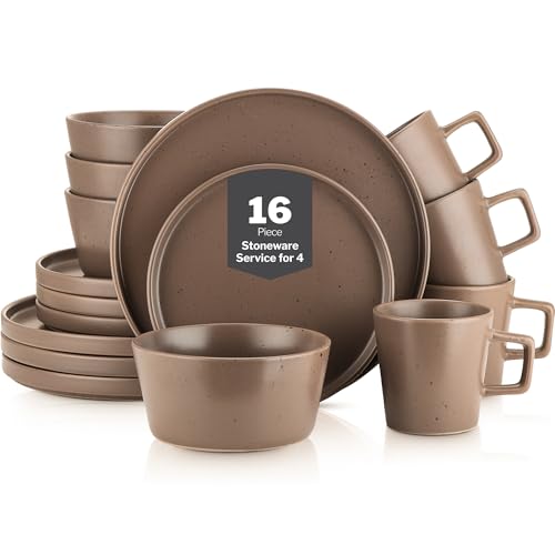 Stone Lain Celina Stoneware 16-Piece Modern Dinnerware Set, Plates and Bowls, Matte Brown, Service For 4, Microwave & Dishwasher Safe - color: Matte Brown, size: Service For 4, style: Dinnerware Set