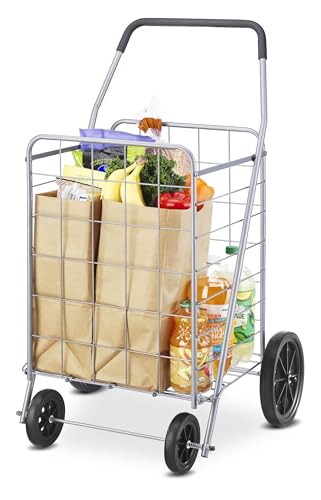 Whitmor Deluxe Utility Foldable Shopping Cart with Wheels, 100 Lb Capacity, Heavy Duty Grocery Cart with Steel Frame, Foam Handle, Rolling Folding Utility Trolley for Grocery, Laundry, Travel, Gray - size: 15.75"L x 17.75"W x 40.5"H, Light Gray