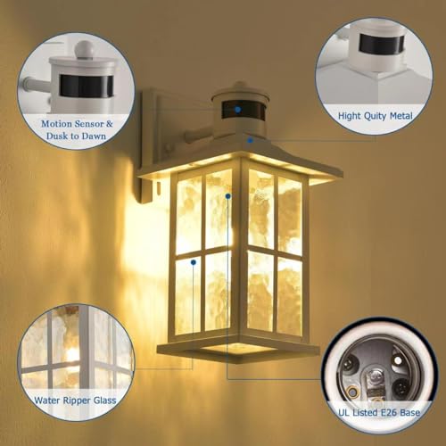 2 Pack Motion Sensor Porch Lights White Dusk to Dawn Outdoor Wall Lantern - color: White 2-Pack