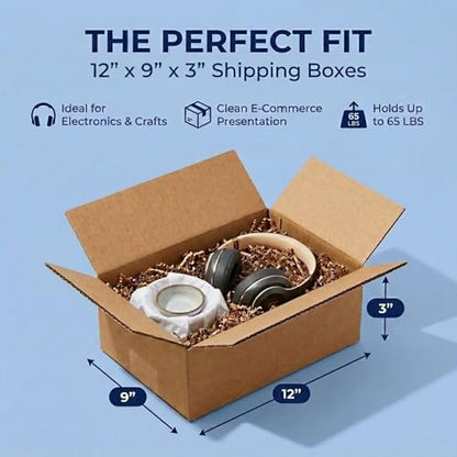 BOX USA 1293 Flat Corrugated Cardboard Box 12" L x 9" W x 3" H, Kraft, For Shipping, Packing and Moving (Pack of 25) - size: 12x9x3" (25-Pack)