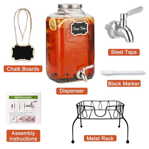 2 Gallon Glass Drink Dispenser with Stand, Stainless Steel Leakproof Spigot and Lid, Glass Drink Dispensers for Parties, Water Beverage Dispenser - size: 2 Gallon With Stand