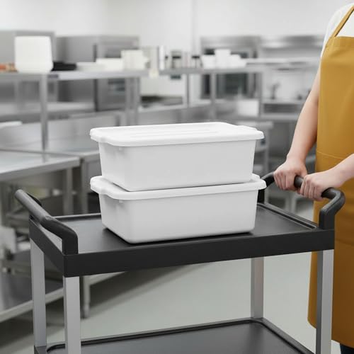 20" x 15" x 7" White Food Grade Plastic Bus Tub With Lid, Large BBQ Prep Tub, Restaurant Meat Lug, Catering Storage Container Heavy Duty (Pack Of 6)