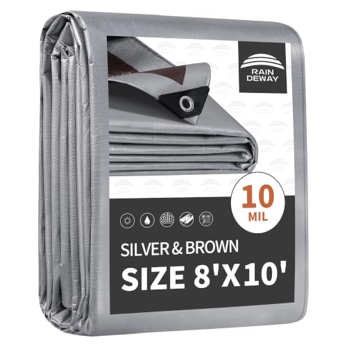 RAINDEWAY 8x10 Feet Tarps Heavy Duty Waterproof,10Mil Multipurpose Tarp - color: Silver/Brown, size: 8x10 Feet-Finished size