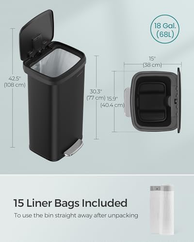 SONGMICS Kitchen Trash Can, 18-Gallon Stainless Steel Garbage Can, with Stay-Open Lid and Step-on Pedal, Soft Closure, Tall, Large and Space-Saving, Black ULTB520B68 - color: Black, style: 18 Gallons