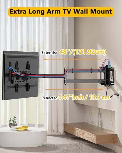 48" Long Arm Full Motion TV Wall Mount w/Power Outlet 37-85” TV WHYFONE - size: Fit 37-85"TVs with power strip