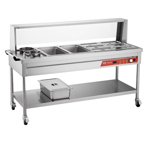 VEVOR Commercial Food Warmer, 8 Pans + 2 Pots Electric Steam Table, 1800W Professional Buffet Catering Food Warmer with Shield Undershelf Wheels, Stainless Steel Server for Party Restaurant - size: 8 Pans + 2 Pots