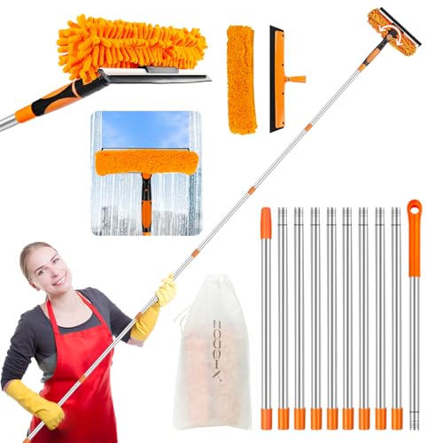 Window Cleaning Tools Window Squeegee: 2 in 1 Double-Sided Professional Cleaner Window Washing Kit with Extension Pole 20+ Ft Duster for High Ceilings Microfiber Scrubber for Indoor Outdoor High Glass - color: Orange