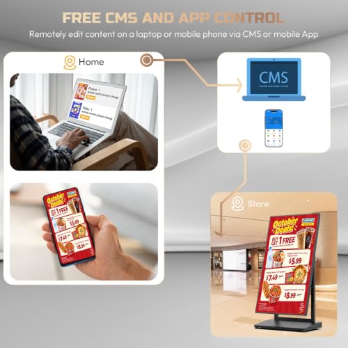 43" Digital Signage Display Kiosk, 4K UHD Anti-Glare LCD Advertising Screen, Portable Floor Standing Auto AD Player Android14 App-Based Control with USB/HDMI/WiFi, Bluetooth 5.3 - size: 43 Inch