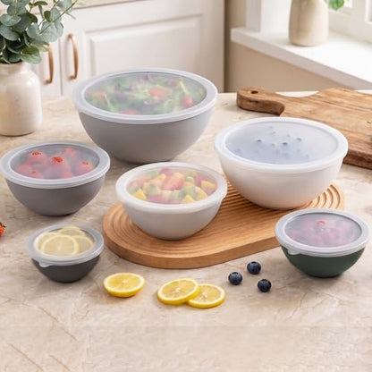 BoxedHome BPA Free Plastic Round Mixing Bowl with Lids, 12 Pack Nesting Bowls with Lids Set, Microwave and Dishwasher Safe Prep & Serving Bowls Great for Mixing, Baking, Serving (Grey, 12pcs) - color: Gray