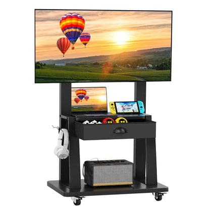 Mobile TV Stand with Storage Drawer for 23-75 Inch TVs up to 120lbs, Heavy Duty Rolling TV Cart with 2-Tier Shelves, Adjustable Height Outdoor TV Stand on Wheels, Max VESA 600x400mm, Black - color: Black