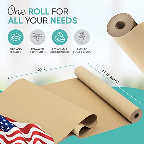 Brown Kraft Paper Roll 17.75” x 1200” (100ft) Made in USA- Ideal for Gift Wrapping, Packing Paper for Moving, Art Craft, Shipping, Floor Covering, Table Runner, 100% Recycled Material