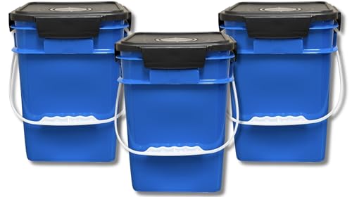 House Naturals 4 Gallon Square Food Grade Bucket Pail with Plastic Handles and Lid (Pack of 3) Made in USA containers (Blue) - color: Blue