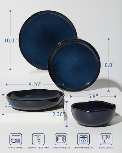 Pokini Stoneware Dinnerware Sets for 4, 16Pcs Ceramic Plates and Bowls Sets - color: Starry Blue, size: Set (16pcs)