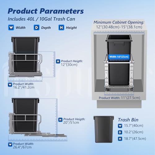 Insputer 10 Gal Pull Out Trash Can Under Cabinet with Tiltable 10° - color: Silver, size: Single-10Gal