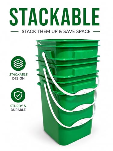 House Naturals 4 Gallon Square Food Grade Bucket Pail with Plastic Handles and Lid (Pack of 3) Made in USA containers (Green - White lids) - color: Green - White Lids