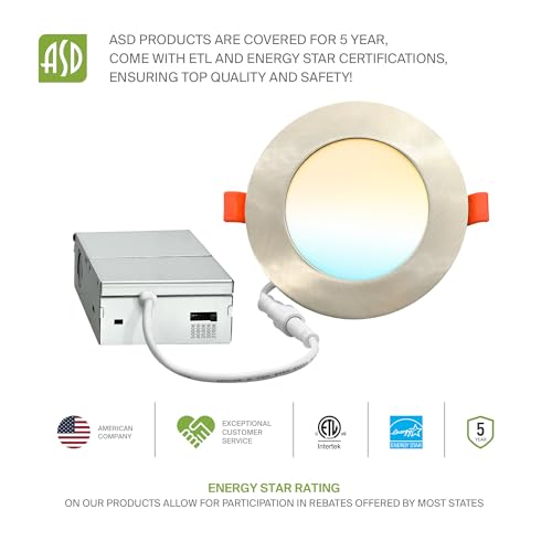 ASD 6 Pack LED Recessed Lighting 4 Inch 9W, 5 CCT 2700K-5000K CRI90+, IC Rated Ultra Thin Dimmable Ceiling Lights with J Box, Canless Wafer Downlight, Round Slim Panel Light, Energy Star ETL, Nickel - color: Nickel, size: 4 Inch 6 Pack