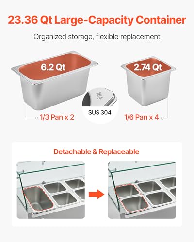 VEVOR Refrigerated Condiment Prep Station, 130W Countertop, Two 1/3 and Four 1/6 Pans, 304 Stainless Body, PC Lid, Sandwich Prep Table with Glass Guard, 3.79 Cu. Ft.