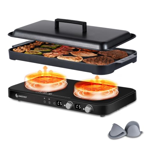 AMZCHEF Double Induction Cooktop with Removable Griddle Pan Non-stick,Black - color: Black