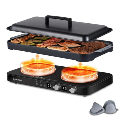AMZCHEF Double Induction Cooktop with Removable Griddle Pan Non-stick,Black - color: Black