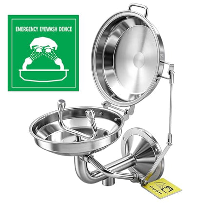 LEIFIDE Emergency Eye Wash Station with Cover and Sign Wall Mount First Aid Eyewash Station Stainless Steel Plumbing Eye Washing Unit with Dual Spray for Lab, Factory, Office, NPT Threaded