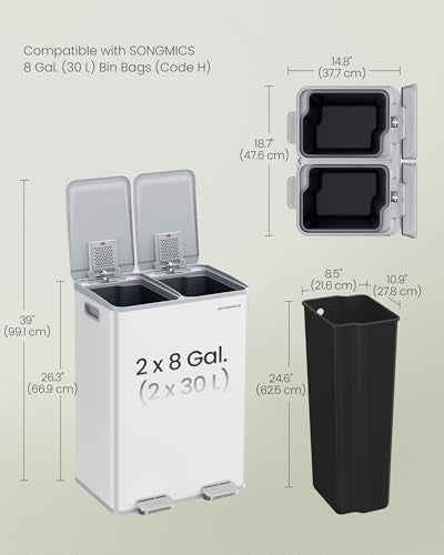 SONGMICS Trash Can, 2 x 8 Gallon (2 x 30 L) Dual-Compartment, Soft-Close - color: Matte White, size: 2 x 8 Gallon