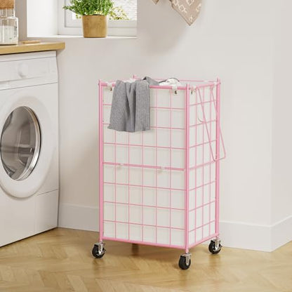 WOWLIVE Rolling Laundry Basket, Metal Wire Frame Laundry Hamper with Wheels - color: Pink, size: 100l