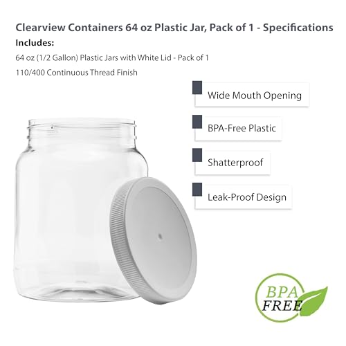 64 oz (1/2 Gallon) Plastic Jar, White Lid, 1-Pack - size: 1pk - 64oz, White Lid
