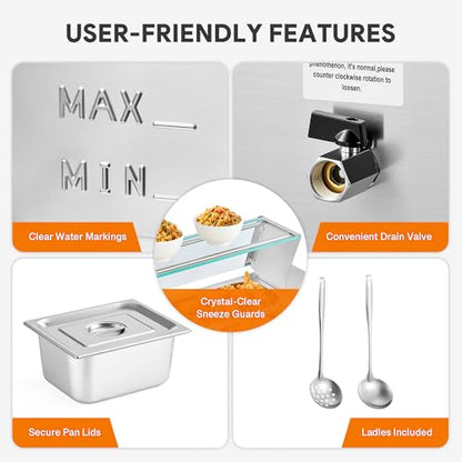 WILPREP 12-Pan Commercial Food Warmer with Sneeze Guard, Twelve 1/3 Pans, 1500W Countertop Electric Steam Table, 86-185°F Adjustable Temp Control, Stainless Steel Buffet Bain Marie - size: 1/2 pan*12