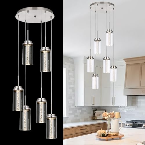 MELUCEE 6-Light Modern LED Pendant Light Fixtures with 3000K-6000K - color: Brushed Nickel, size: 6-Light-Round