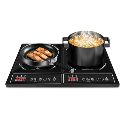 Portable Double Induction Cooktop, 1800W Countertop Burner with Power Sharing, 10 Power & Temperature Levels, 140-465°F Temperature Control, Digital Display, Timer