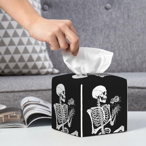 Roses Skeleton Skull Square Tissue Boxes Cover 5.2"x5.2"x5.2" for Bathroom Home - color: Roses Skeleton Skull