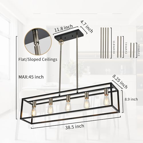 Black&Brushed Nickel Kitchen Island Lighting, Modern Linear Cage Retangular Chandelier, 5 Lights Industrial Metal Hanging Light Fixture for Farmhouse Kitchen Dining Room Bar Foyer - color: Black & Brushed Nickel, size: 5 Lights