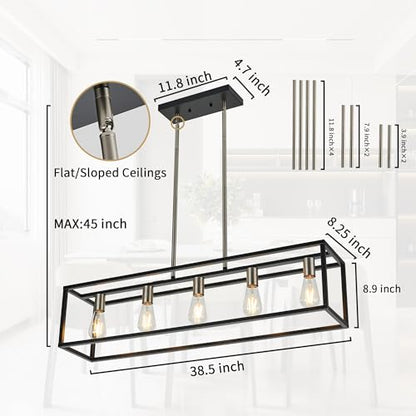 Black&Brushed Nickel Kitchen Island Lighting, Modern Linear Cage Retangular Chandelier, 5 Lights Industrial Metal Hanging Light Fixture for Farmhouse Kitchen Dining Room Bar Foyer - color: Black & Brushed Nickel, size: 5 Lights