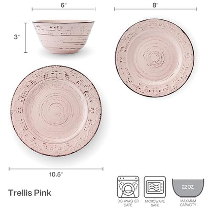 Pfaltzgraff Pink Trellis 12-Piece Dinnerware Set, Stoneware Plates and Bowls Sets for 4, Dishwasher and Microwave Safe, Rustic Garden-Inspired Design - color: Pink