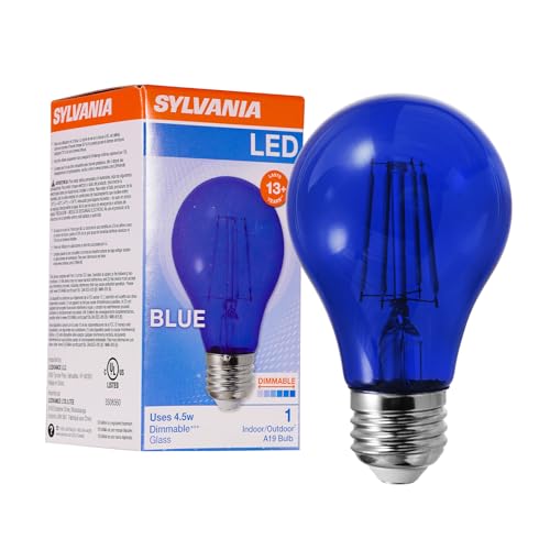 LEDVANCE Sylvania LED Blue Glass Filament A19 Light Bulb, Efficient 4.5W, 40W Equivalent, Dimmable, E26 Medium Base - 1 Pack (40304) - color: Blue, size: 1 Count (Pack of 1)