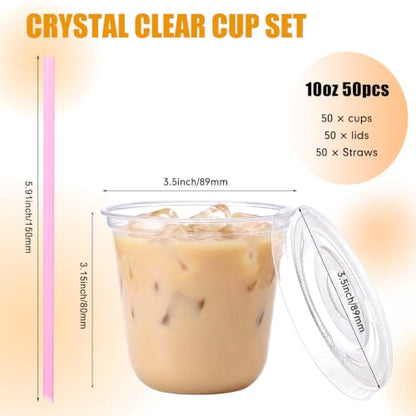 Ziliny 50 Pack 10 oz Plastic Cups with Lids Straws Iced Coffee, Pink - color: Pink, size: 10 oz