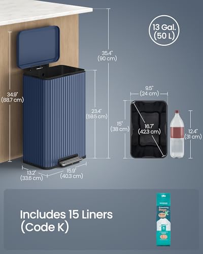 SONGMICS Trash Can, 13 Gallon (50 L), Stainless Steel, with Lid, Pedal - color: Midnight Blue, size: 13 Gallon